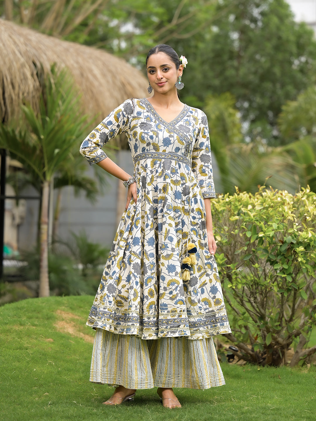 Off White Floral Print Cotton Kurta Sharara set for women